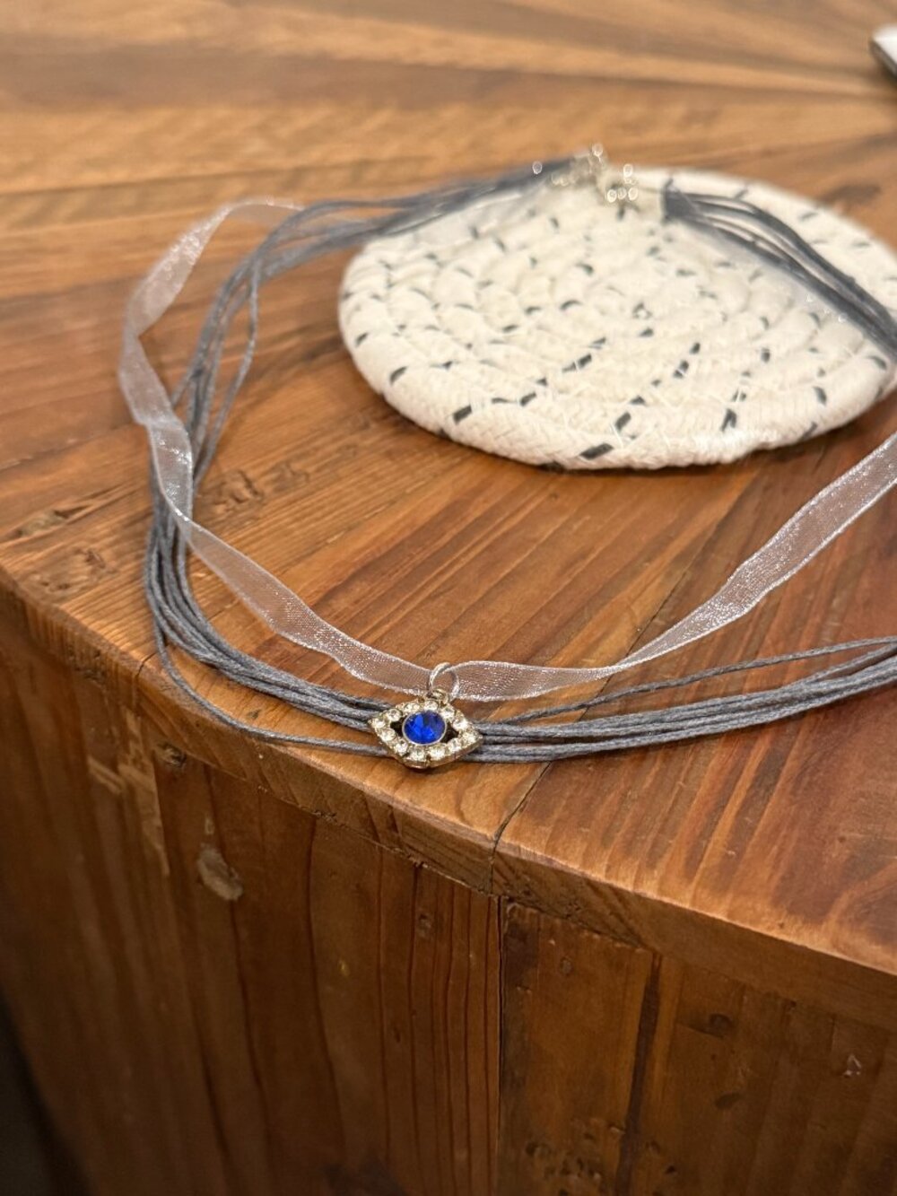 Grey and Blue Necklace with Evil Eye Charm